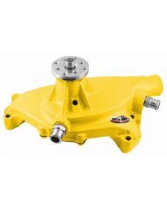 1967-1972 Chevrolet Camaro SuperCool Water Pump; 5.750 in. Hub Height; 5/8 in. Pilot; Short; (2) Threaded Water Ports; Yellow Powdercoat w/Chrome Accents; 1494NCYELLOW