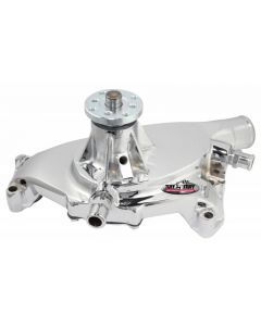 1967-1972 Chevrolet Camaro Platinum SuperCool Water Pump; 5.750 in. Hub Height; 5/8 in. Pilot; Short; Reverse Rotation; (2) Threaded Water Ports; Aluminum Casting; Chrome; Custom Serpentine Systems Only; 1495AAREV