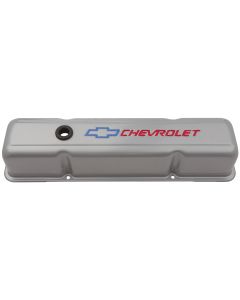 Engine Valve Covers; Tall Style; Die Cast; Gray with Bowtie Logo; For SB Chevy