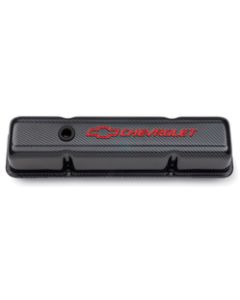 Engine Valve Covers; Stamped Steel; Tall; Carbon w/ Bowtie Logo; Fits SB Chevy