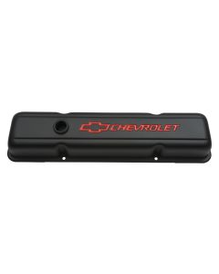 Engine Valve Covers; Stamped Steel; Short; Black; w/ Bowtie Logo; Fits SB Chevy