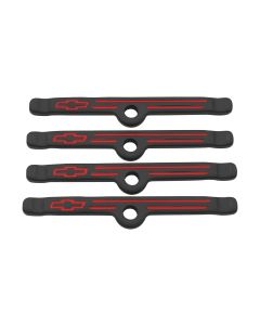 Engine Valve Cover Holdown Clamps; Black Crinkle w/Bowtie Logo; SB Chevy; 4 Pcs