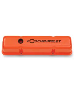 Engine Valve Covers; Stamped Steel; Tall; Orange w/ Bowtie Logo; Fits SB Chevy