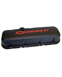 Engine Valve Covers; Stamped Steel; Tall; Black; w/ Bowtie Logo; Fits BB Chevy