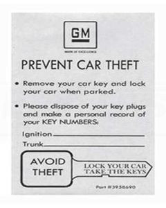 Camaro Spare Key Envelope, 1967-1972
