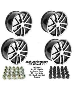 2002 Camaro 10 Spoke SS 35th Anniv 17x9, SET OF 4, Black Machined Face-Plain Center Caps , LUG NUTS, BLACK COVERS