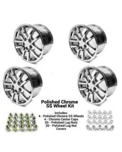 93-2002 Camaro 10 Spoke SS 17x9, SET OF 4, CHROME FINISH-Plain Center Caps , LUG NUTS, CHROME COVERS