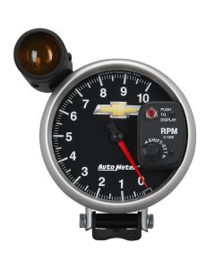 Autometer Tachometer Gauge, 5", 10K Rpm, Pedestal W/ Ext. Shift-Lite, Chevy Gold Bowtie







