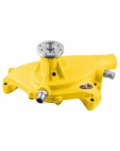 1967-1972 Chevrolet Camaro Platinum SuperCool Water Pump; 5.750 in. Hub Height; 5/8 in. Pilot; Short; (2) Threaded Water Ports; Aluminum Casting; Yellow Powdercoat w/Chrome Accents; 1495ACYELLOW