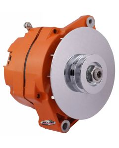 1967-1971 Camaro Alternator; 80 AMP; OEM Wire; 10si Case; V Groove Pulley; External Regulator; Orange Powdercoat w/Chrome Accents; Must Be Used With An External Solid State Voltage Regulator;