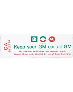 Camaro Air Cleaner Decal, "Keep Your GM Car All GM", 1968