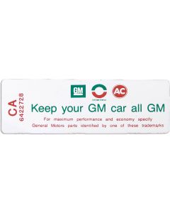 Camaro Air Cleaner Decal, "Keep Your GM Car All GM", 307/200, 1968-1969