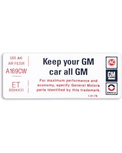Camaro Air Cleaner Decal, "Keep Your GM Car All GM", 1976