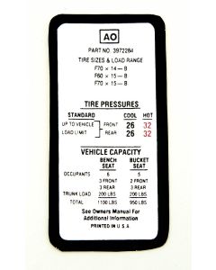 Camaro Tire Pressure Decal, 1970