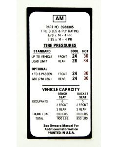 Camaro Tire Pressure Decal, 1970