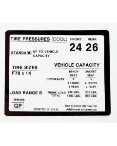 Camaro Tire Pressure Decal, 1971