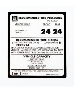 Tire Pressure Decal,74-76   (FR78 x 14")
