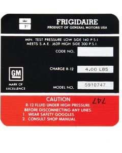 Camaro Air Conditioning Compressor Decal, Red, Frigidaire, 1970