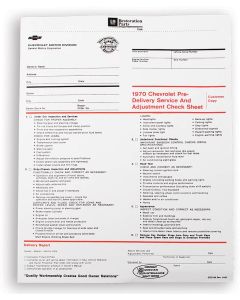 Camaro Pre-Delivery Inspection Sheet, 1970