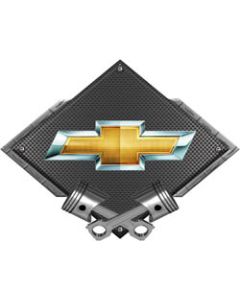 Chevrolet Outlined Bowtie Metal Sign, Black Carbon Fiber, Crossed Pistons, 25" X 19"