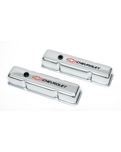 Camaro Valve Covers, Small Block, Tall Design, Chrome, With Baffle, Chevrolet Script & Bowtie Logo, 1967-1985