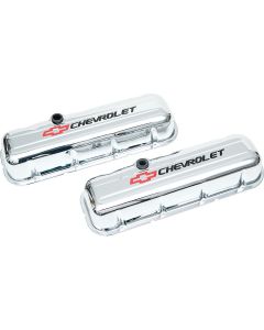 Camaro Valve Covers, Big Block, Tall Design, Chrome, With Baffle, Chevrolet Script & Bowtie Logo, 1967-1969