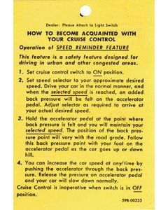 Camaro Cruise Control Operation Tag, 1967-1969