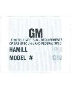 Camaro Seat Belt Label, Hamill C-11, 1968