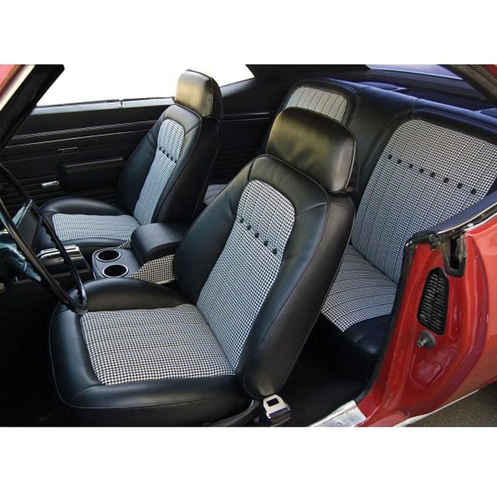 1967 1969 Camaro Custom Deluxe SS Floor Console With Drink Holders Houndstooth With Chrome Trim Orange